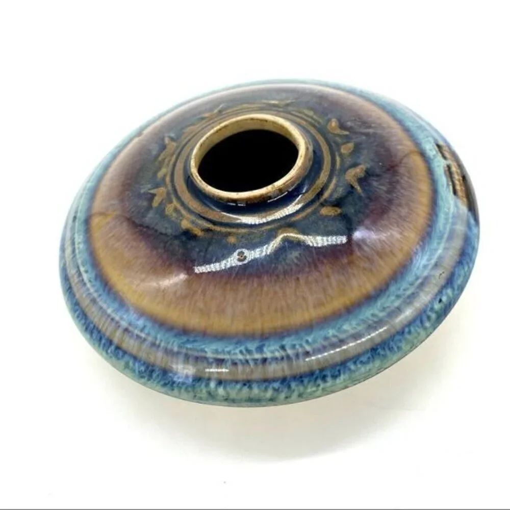 Bill Campbell Art Pottery Oil Lamp Base Flat Vase Drip Glaze Signed